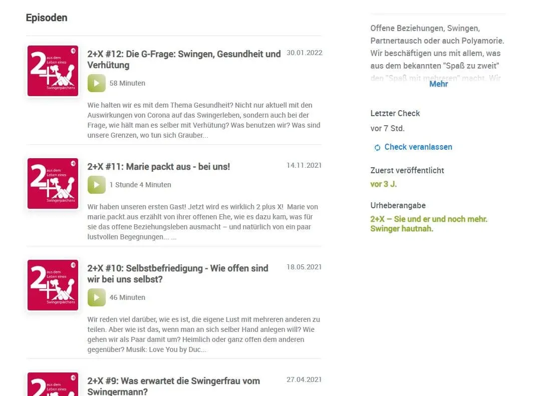Folgenübersicht des Podcasts „2x – Aus dem Leben eines Swingerpärchens“