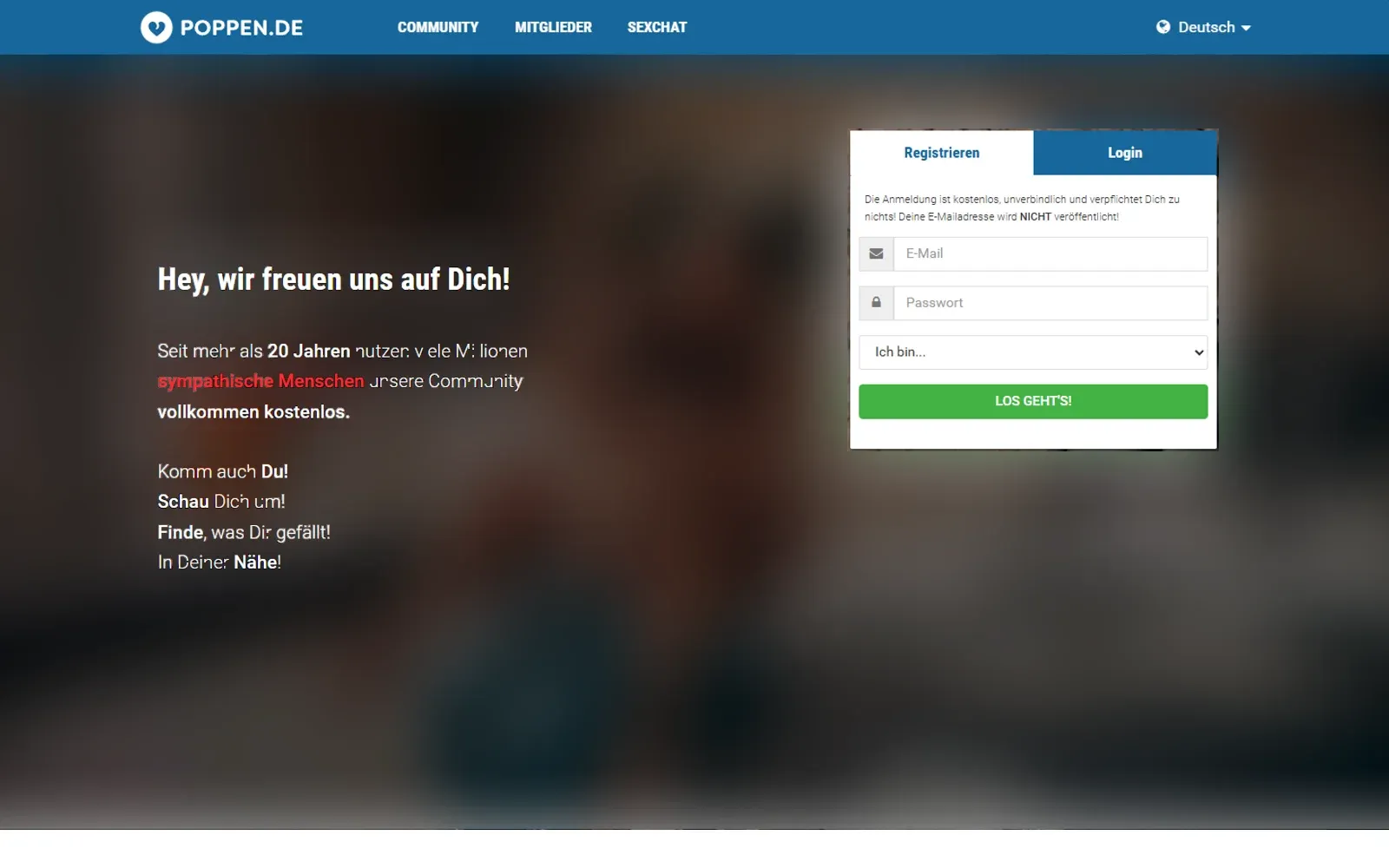 Startseite von Poppen.de mit Registrierungsformular