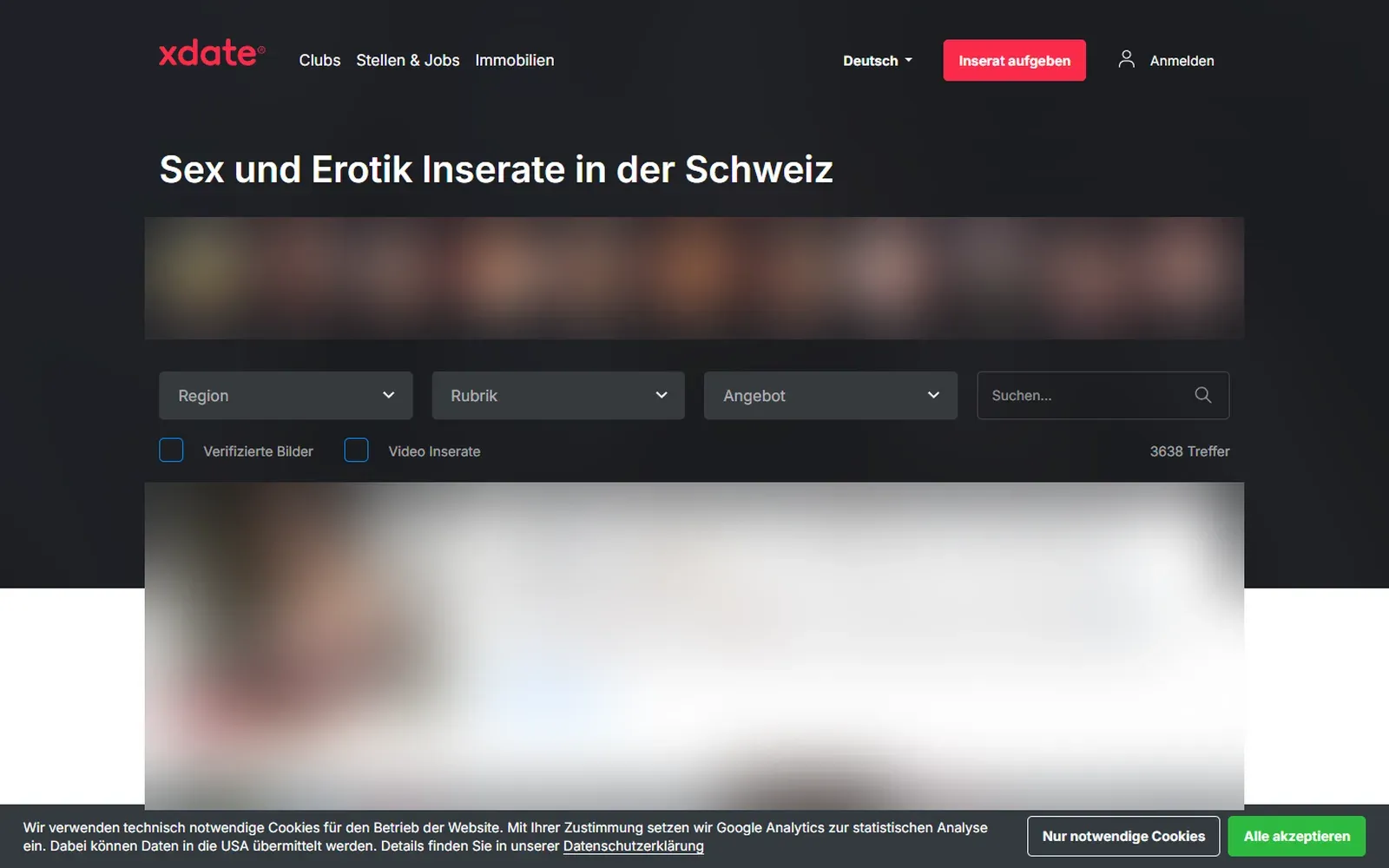 Startseite von xDate.ch mit Suchfiltern für Region, Rubrik und Angebot